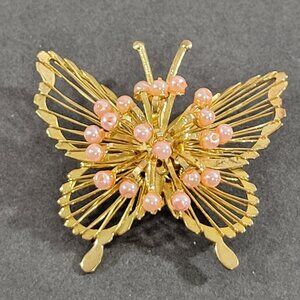 Vintage Butterly Brooch Gold Tone Pink Faux Pearls Wire Work 1.75" Feminine